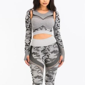 Gray Camo Crop Top with Sleeves
